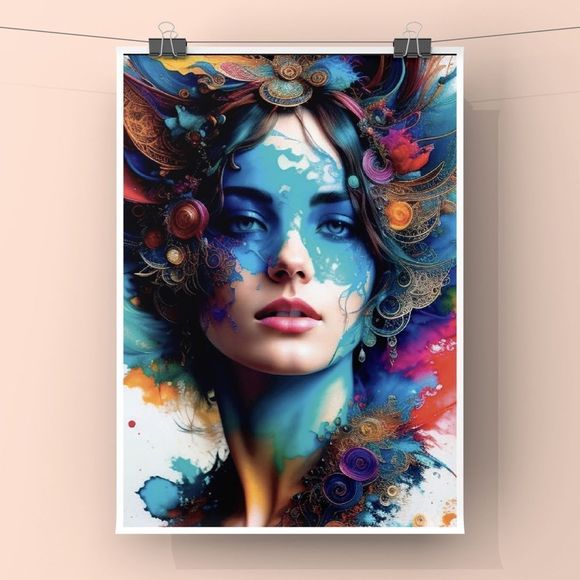 Wall Art print of modern girl portrait with abstract print in different colors - Picture 2 of 4